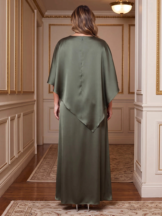 Model wearing roselledress olive green satin wedding guest dress cape overlay invisible zip back rear view