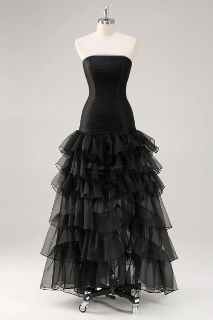 Black Plus Size A-Line Strapless Straight Back Hi-Lo Long Prom Dress 