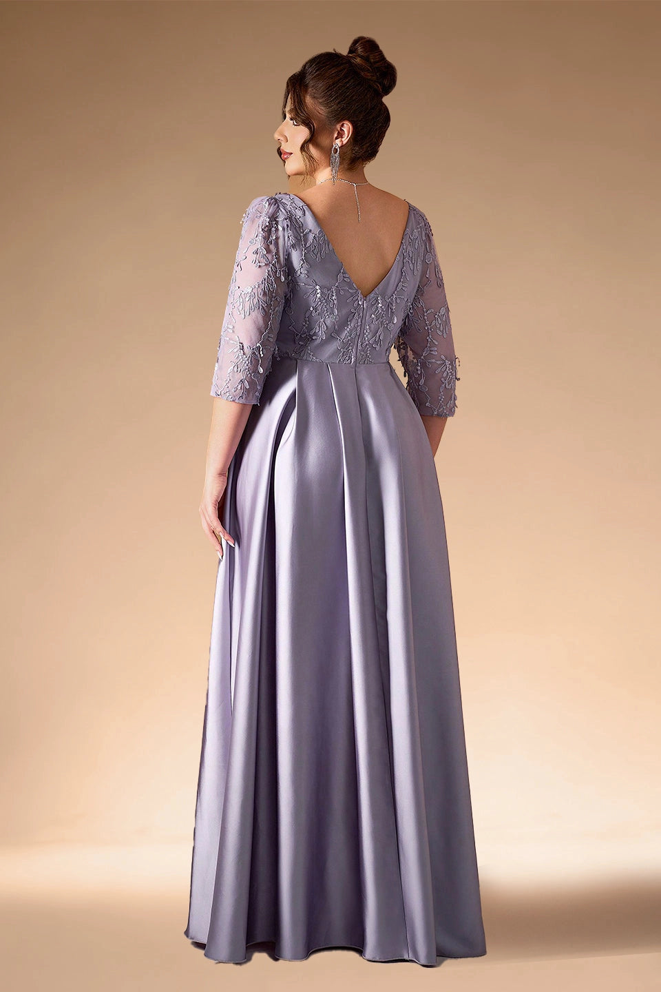 Back view Roselledress dusty lavender plus size a‑line evening dress v‑back zip‑back lace satin formal gown