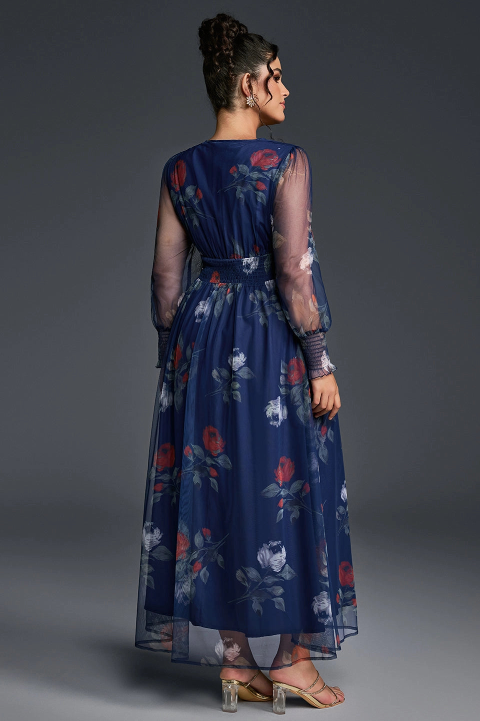Roselledress printed mesh casual formal dress solid plain back curvy guest gown rear view