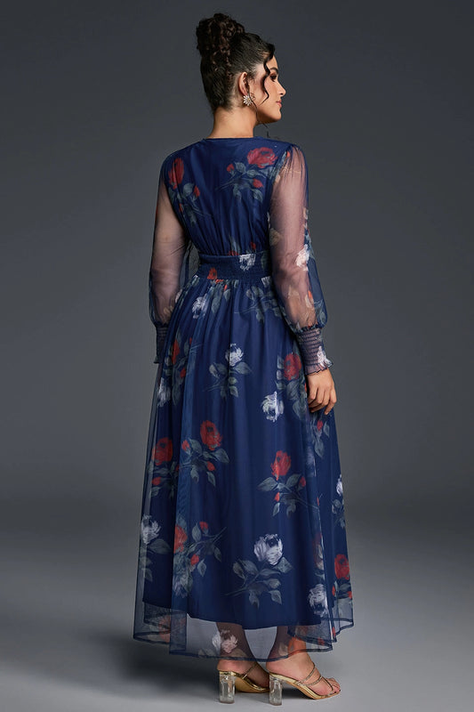 Roselledress printed mesh casual formal dress solid plain back curvy guest gown rear view