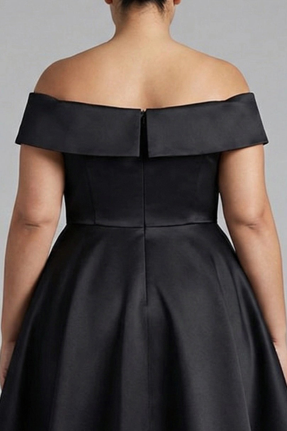 Black Plus Size A-Line Off Shoulder Short Sleeve Solid Back Hi-Lo Prom Dress