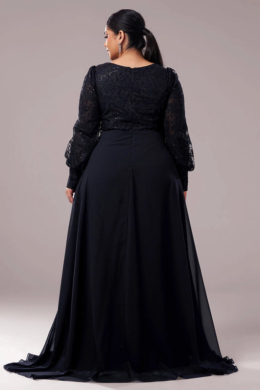 Roselledress plus size evening gown solid round back zipper closure black lace chiffon formal dress rear view