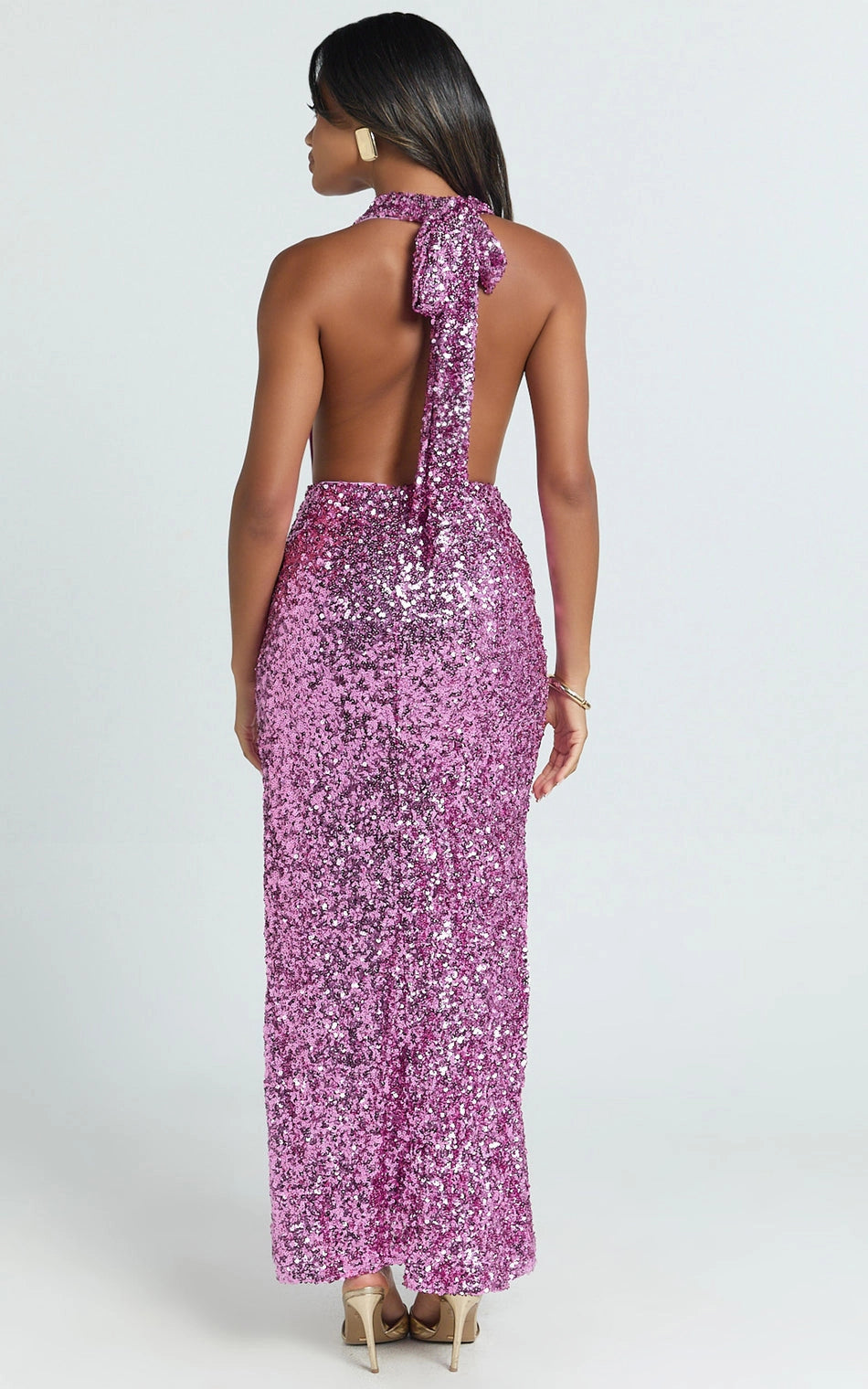 Roselledress halter formal dress plus size open tie back sparkly sequin bodycon party dress back view