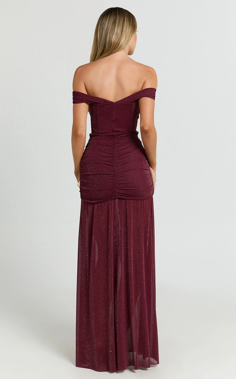 Roselledress glitter mesh formal dress plus size ruched open back thigh slit party dress back view