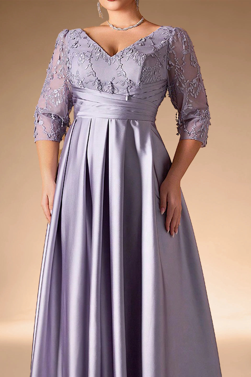 Dusty Lavender Plus Size A‑Line V‑Neck 3/4‑Sleeve V‑Back Zip‑Back Floor‑Length Prom Dress