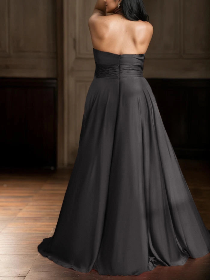 RoselleDress black satin plus size wedding guest dress strapless closed back zipper ruched waist maxi gown back view