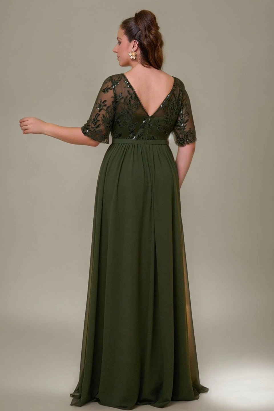 Flowy A-Line V-Neck Mid-Sleeve V-Back Floor-Length plus size Mother Of Bride Dress
