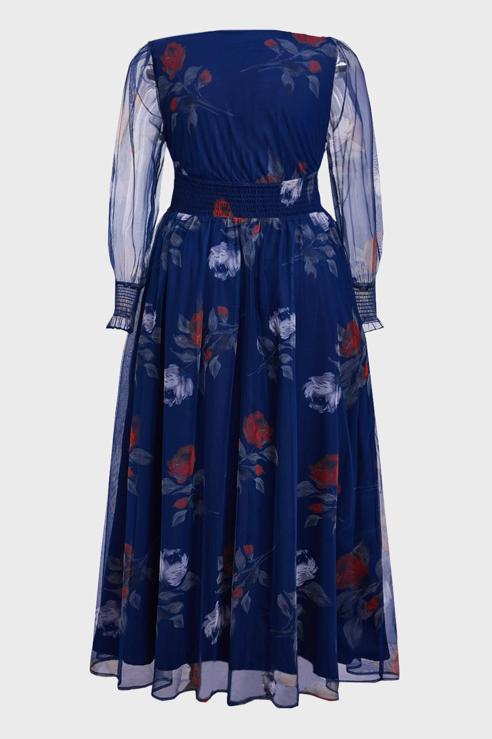 Flowy A-Line Deep V Sheer-Sleeve Plain-Back Midi Plus Size Floral Mother Of Bride Dress