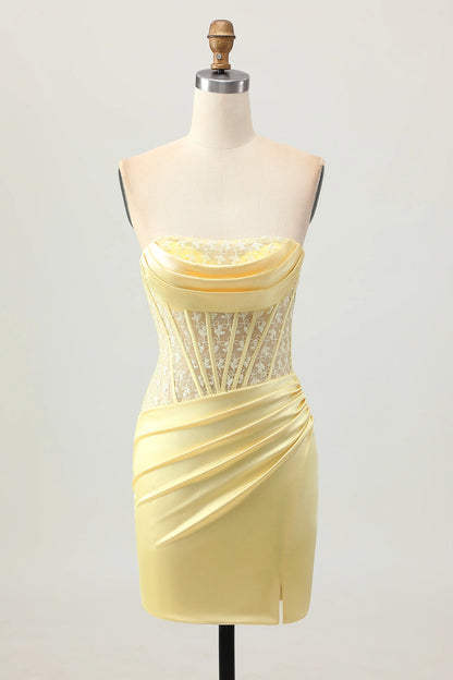 RoselleDress pale yellow strapless corset mini homecoming dress cowl lace satin slit party gown
