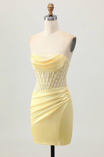 Pale Yellow Bodycon Cowl Strapless Lace Up Back Mini Homecoming Dress