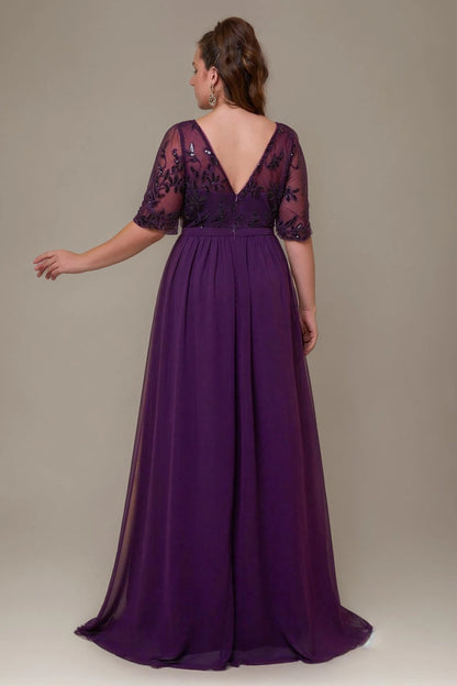 Elegant A-Line V-Neck Short Sleeve V-Back Floor-Length Mother of the Bride Dress