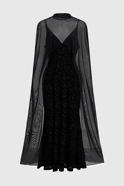Roselledress Black Plus Size High Neck Cape Sleeve Long Mother of Bride Dress