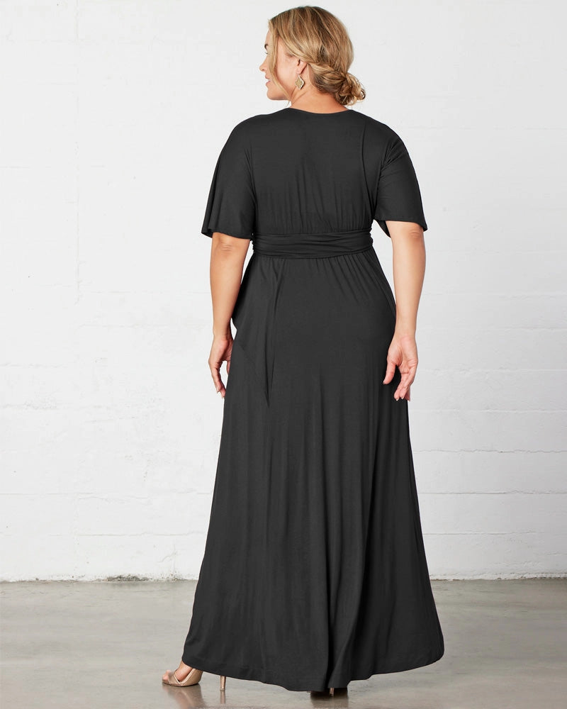 Elegant Plus Size A-Line V-Neck Flutter Sleeve Closed Back Long Mother of the Bride Dress