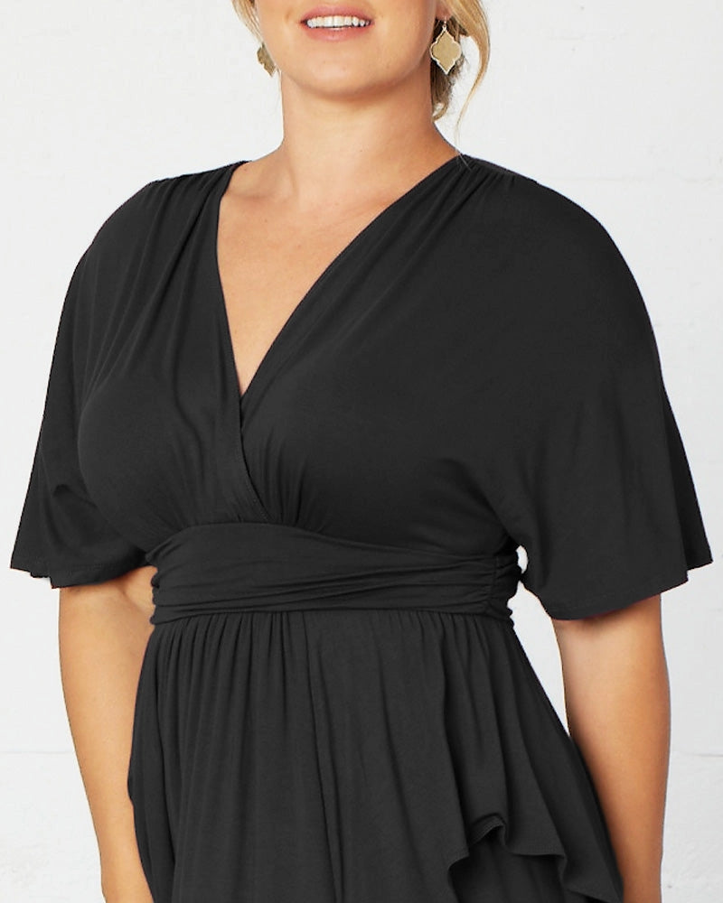 Elegant Plus Size A-Line V-Neck Flutter Sleeve Closed Back Long Mother of the Bride Dress