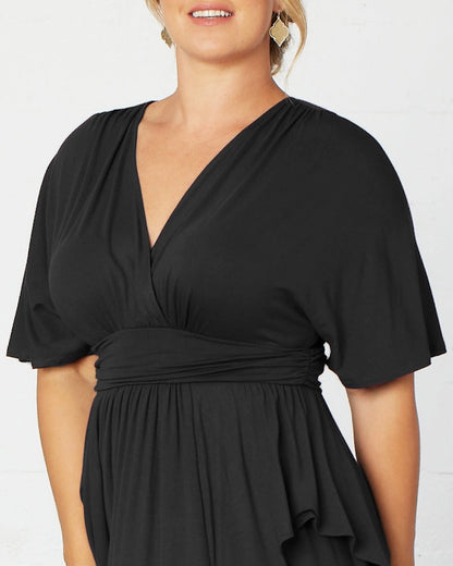 Elegant Plus Size A-Line V-Neck Flutter Sleeve Closed Back Long Mother of the Bride Dress
