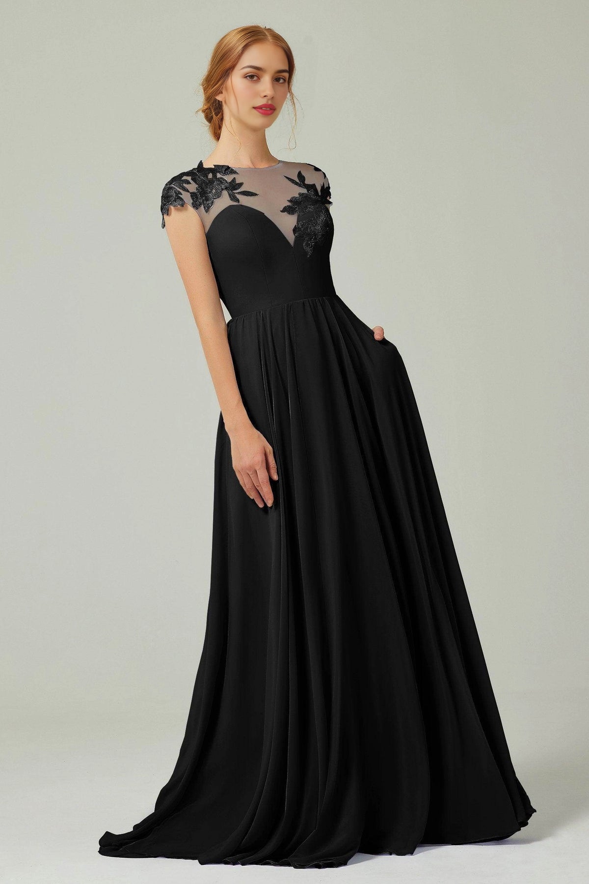 Plus Size Romantic A-Line Illusion Neck Cap Sleeve Button Back Long Bridesmaid Dress