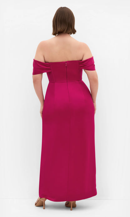 Plus‑Size Off‑The‑Shoulder Draped Satin Corset Bodice High Slit Column Maxi Wedding Guest Dress