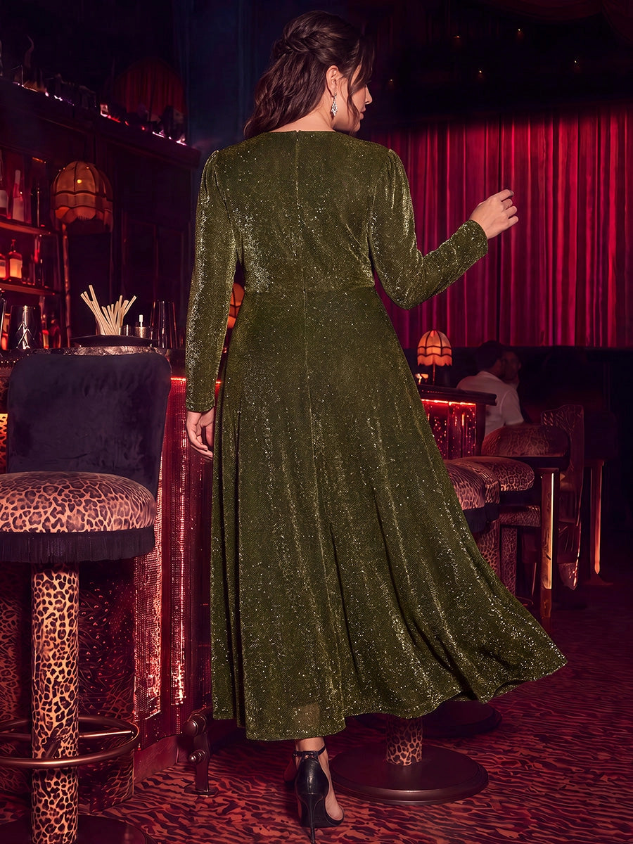 roselledress olive green gold shimmer midi mother of groom dress long sleeve waist twist full a‑line skirt plus size formal wedding guest gown back view