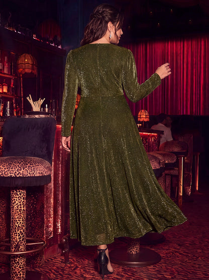 roselledress olive green gold shimmer midi mother of groom dress long sleeve waist twist full a‑line skirt plus size formal wedding guest gown back view