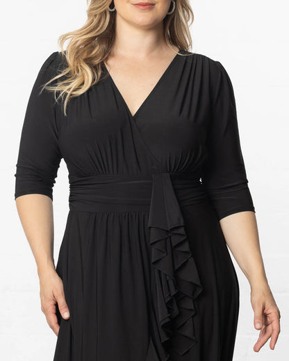 Elegant Wrap V‑Neck 3/4 Sleeve Ruffle‑Hem Floor‑Length Plus Size Wedding Guest Dress