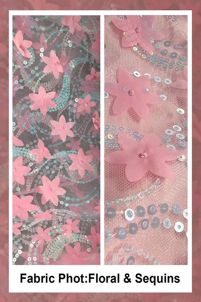 Roselledress Pink Mermaid V-Neck Flutter Sleeve Deep V Back 3D Flower Tulle Plus Size Prom Dress