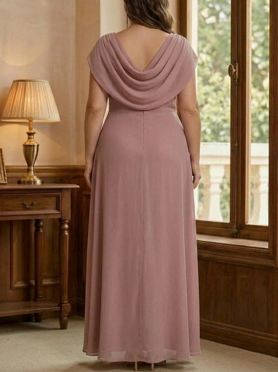 roselledress cowl deep v back zipper dusty pink chiffon plus size wedding mother formal gown