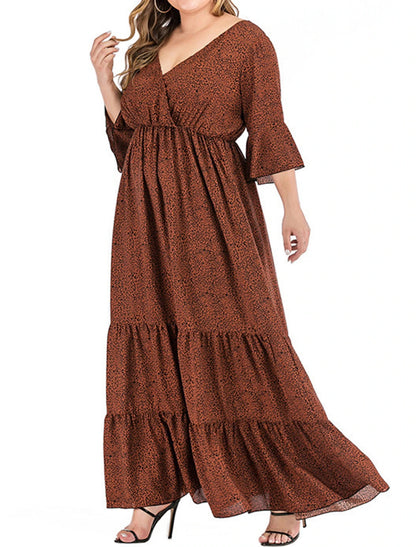 Bohemian A‑Line V‑Neck Bell‑Sleeve Closed‑Back Floor‑Length Plus Size Wedding Guest Dress