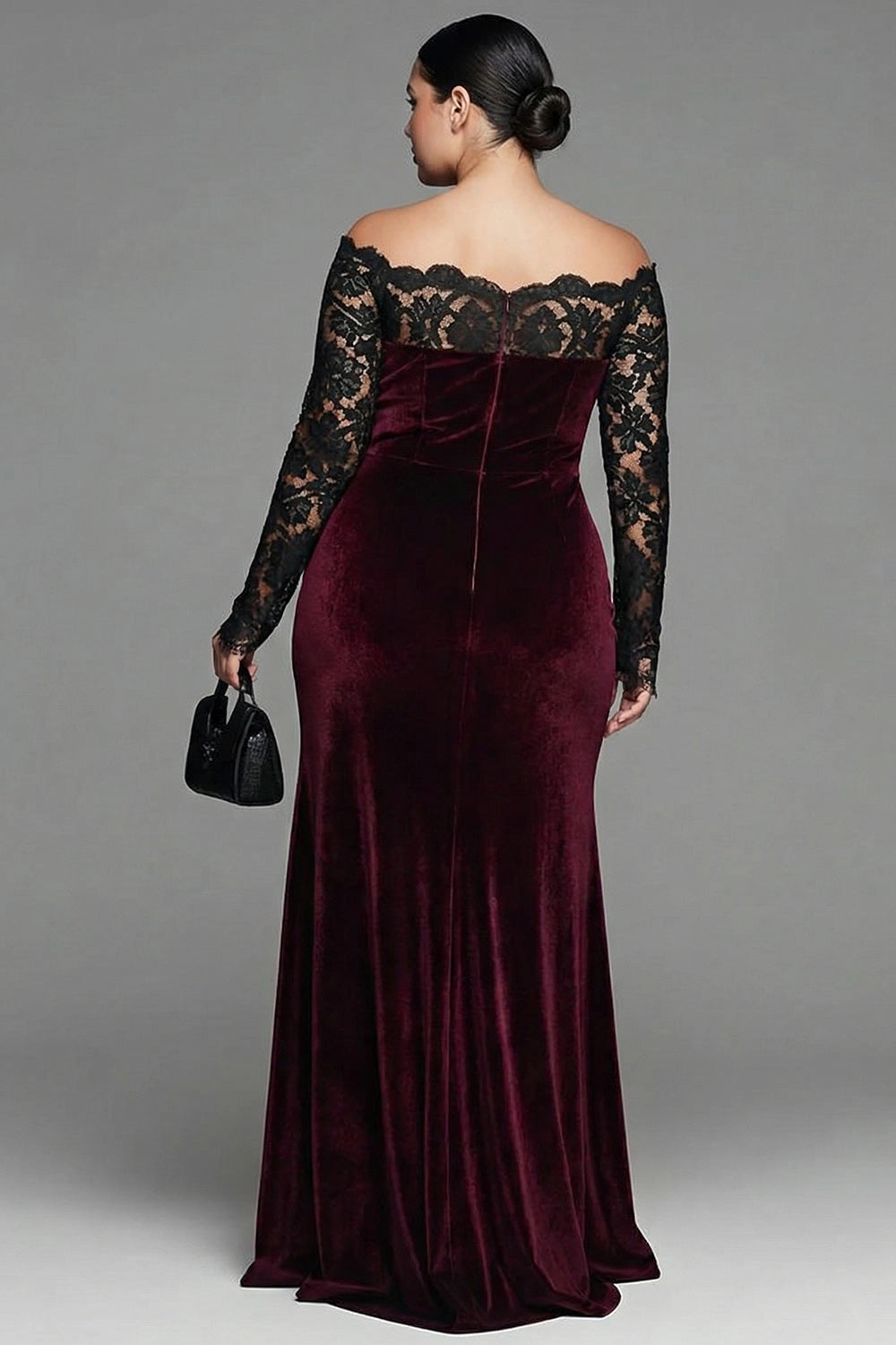 Roselledress velvet formal dress plus size lace long sleeve zipper back maxi wedding guest dress back view