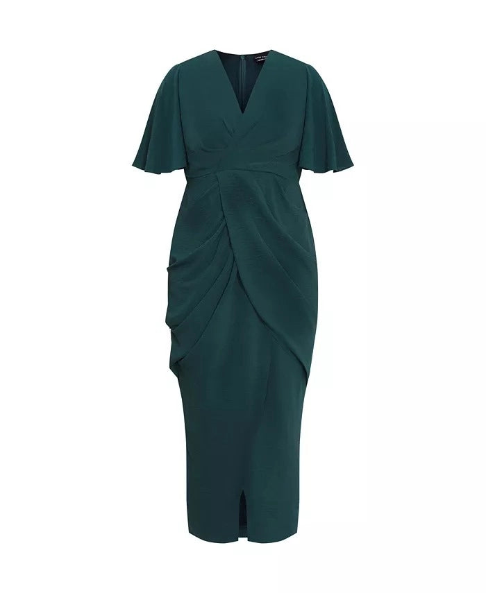 Roselledress Elegant Wrap‑Front Flutter‑Sleeve Zip‑Back Midi Plus Size Wedding Guest Dress