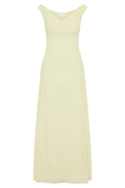 Pale Yellow Chiffon Off‑the‑Shoulder V‑Neck Maxi Plus Size Wedding Guest Dress