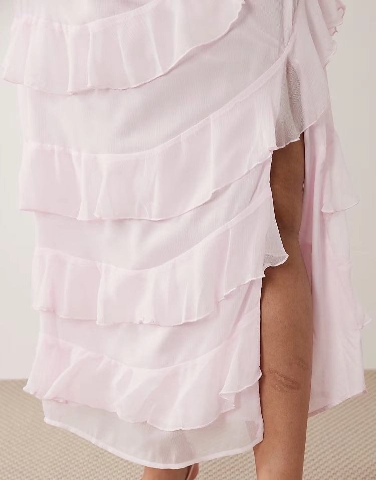 Chiffon Tiered‑Ruffle V‑Neck Spaghetti‑Strap V‑Back Slit Maxi Plus Size Wedding Guest Dress