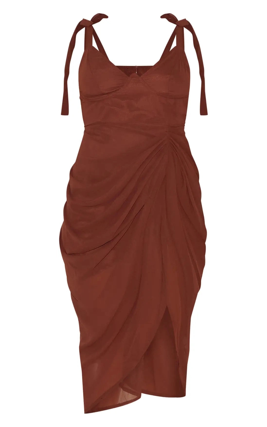 Roselledress Chiffon Draped V‑Neck Tie‑Strap Gathered‑Back Midi Plus Size Wedding Guest Dress