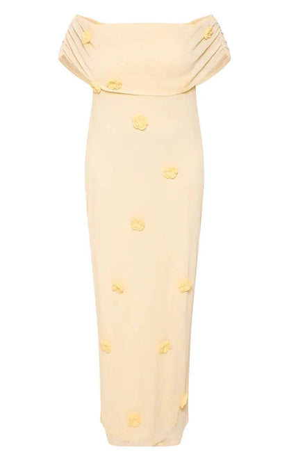 Roselledress Chiffon Floral‑Appliqué Column Off‑The‑Shoulder Short‑Sleeve Split‑Back Maxi Plus Size Wedding Guest Dress