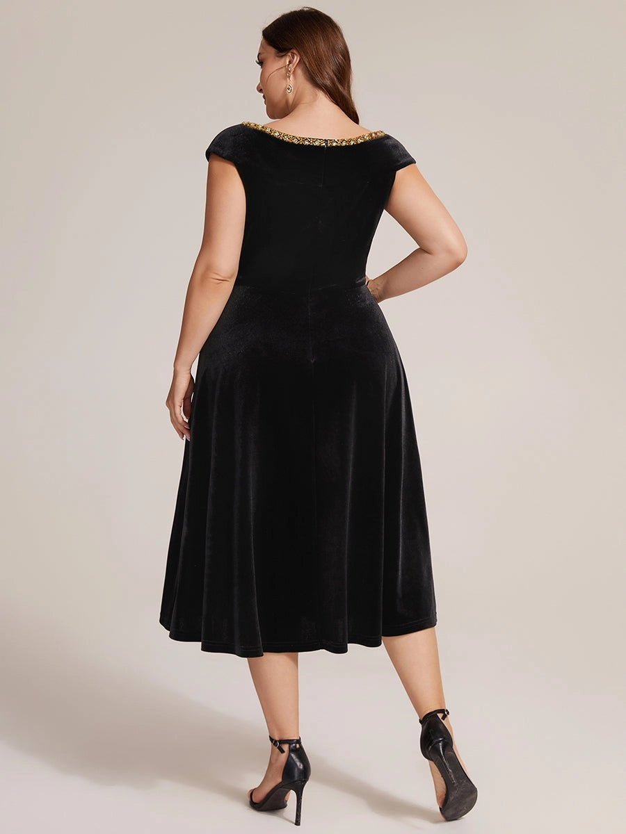Navy Velvet Beaded Cap Sleeve Midi Plus Size Mother of the Bride Dress