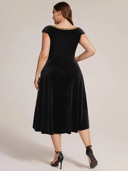 Navy Velvet Beaded Cap Sleeve Midi Plus Size Mother of the Bride Dress