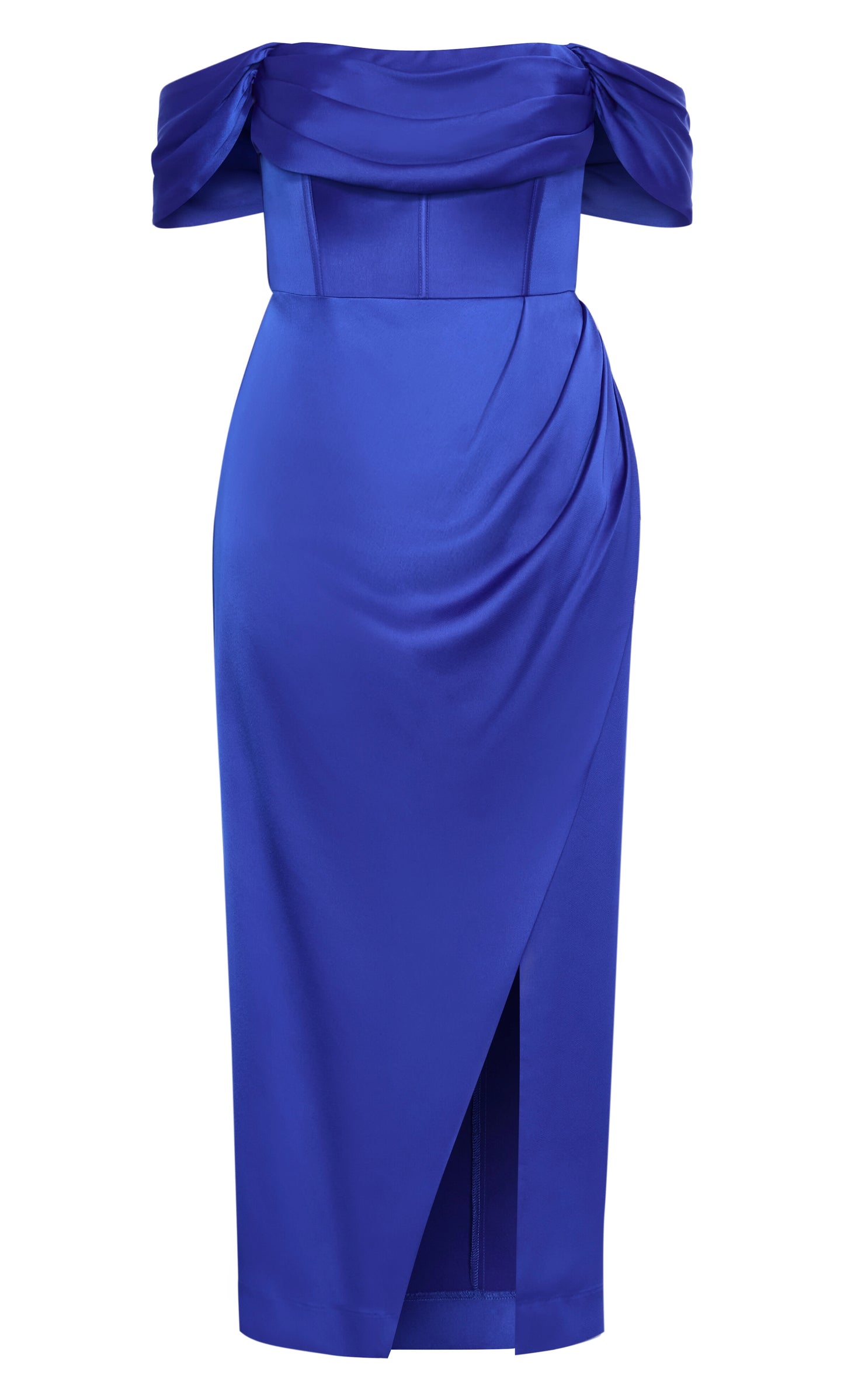 Plus‑Size Off‑The‑Shoulder Draped Satin Corset Bodice High Slit Column Maxi Wedding Guest Dress