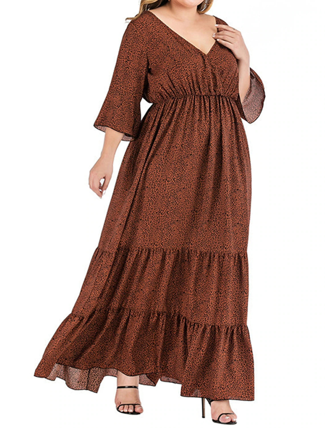 Bohemian A‑Line V‑Neck Bell‑Sleeve Closed‑Back Floor‑Length Plus Size Wedding Guest Dress