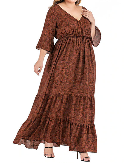 Bohemian A‑Line V‑Neck Bell‑Sleeve Closed‑Back Floor‑Length Plus Size Wedding Guest Dress