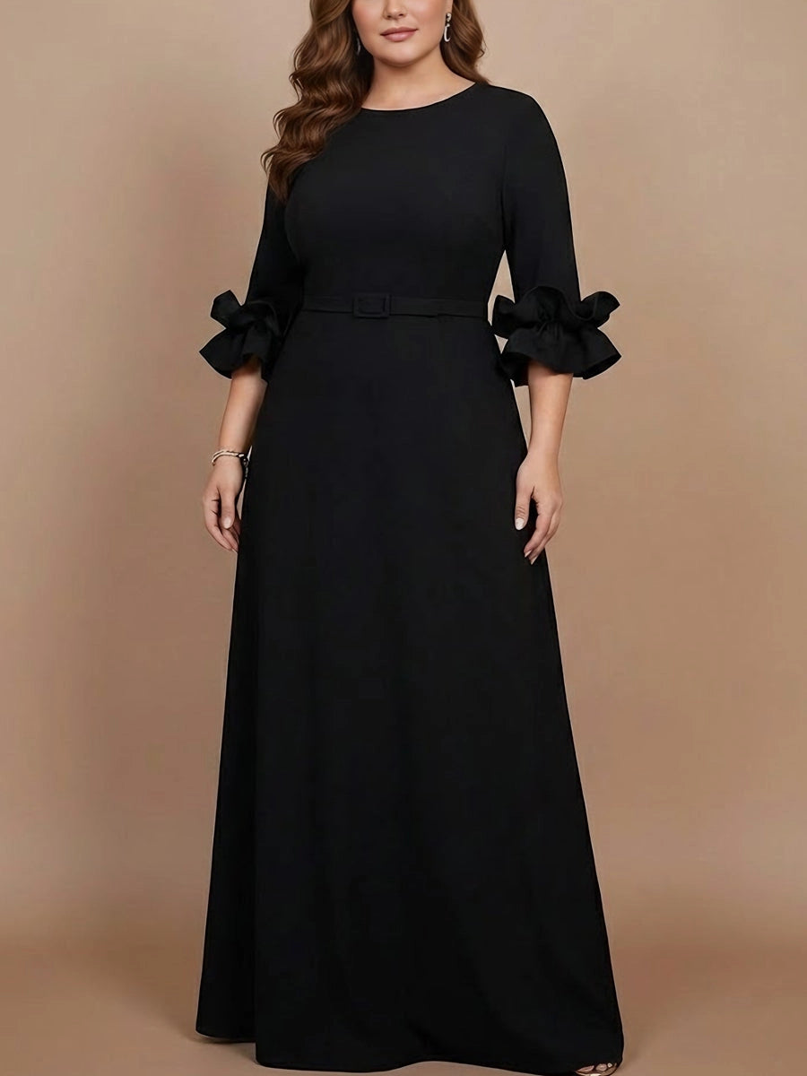 roselledress black plus size mother of bride gown round neck ruffle cuff belted maxi formal dress