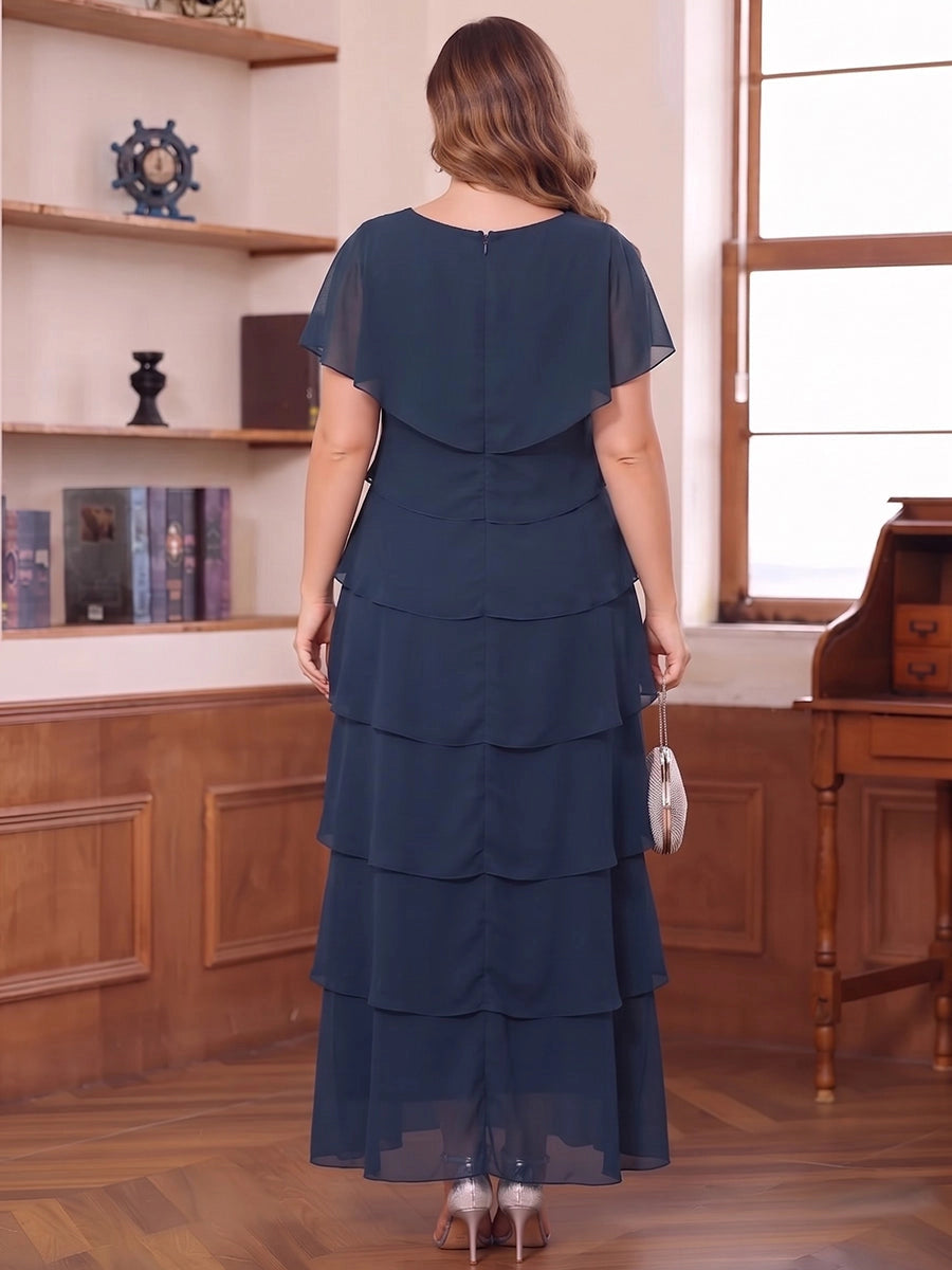 Back view Roselledress navy blue tiered chiffon dress round neck zip‑back floor‑length plus size mother gown