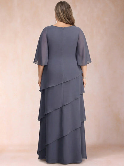 Roselledress modest chiffon formal dress plus size back zipper layered wedding guest maxi dress back view