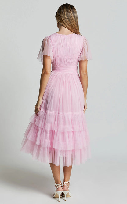 Roselledress tiered tulle midi plus size dress back view, ruched waist short sleeve bridesmaid gown