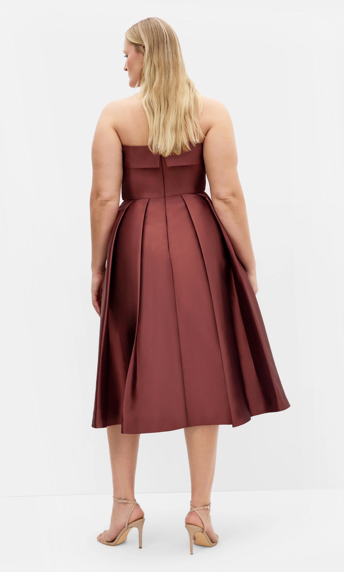 Roselle Dress plus size rust brown formal midi dress, strapless zip‑back pleated satin gown back view