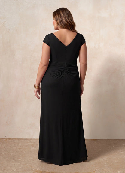 back view Roselledress stretch plus size evening dress ruched v back zip back long mother of bride dress