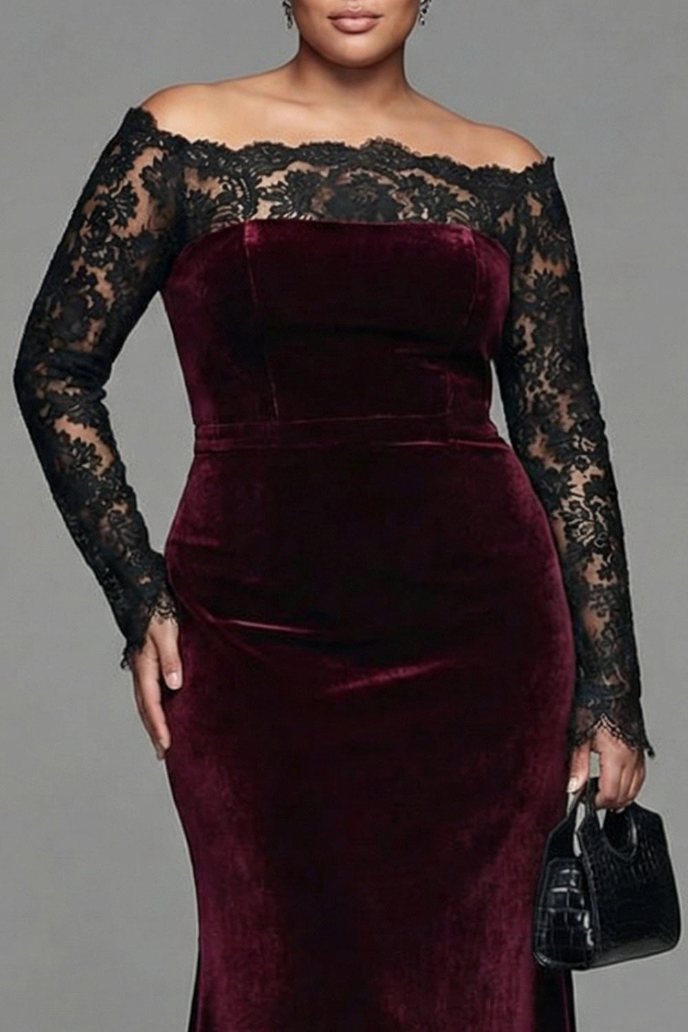 Mermaid Velvet Off The Shoulder Lace Long Sleeve Zipper Back Maxi Plus Size Wedding Guest Dress