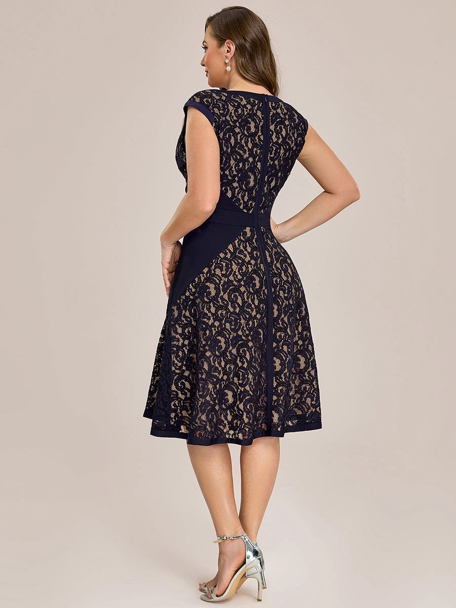 Roselledress plus size lace midi dress back view, solid zipper closure navy wedding guest knee dress
