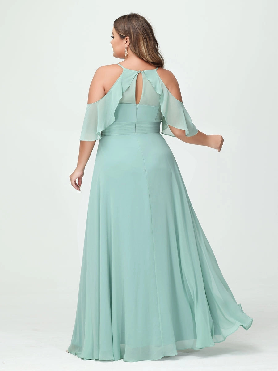 Romantic A‑Line V‑Neck Off Shoulder Keyhole Back Floor‑Length Sage Green Chiffon Slit Plus Size Mother Of The Bride Dress