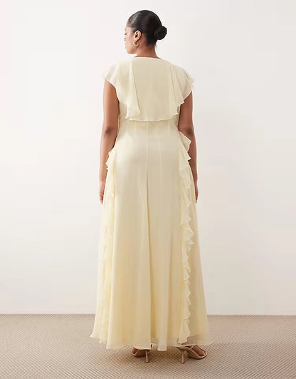 Roselledress plus size butter yellow chiffon cascading ruffle maxi formal gown back view