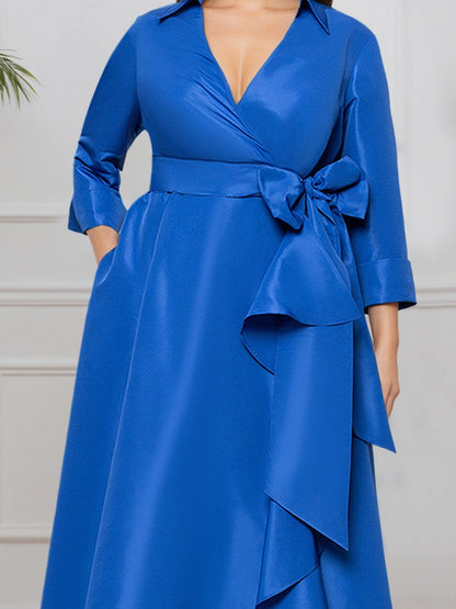 Glamorous A‑Line Collared V‑Neck 3/4 Sleeve Solid‑Back Floor‑Length Formal Plus Size Mother Of The Bride Dress